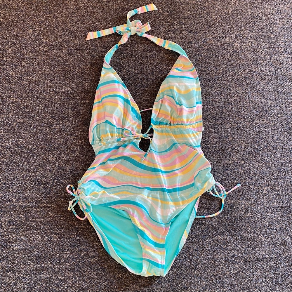 Blu C Multicolor Halter One-Piece Swimsuit - Pastel Stripe Padded
